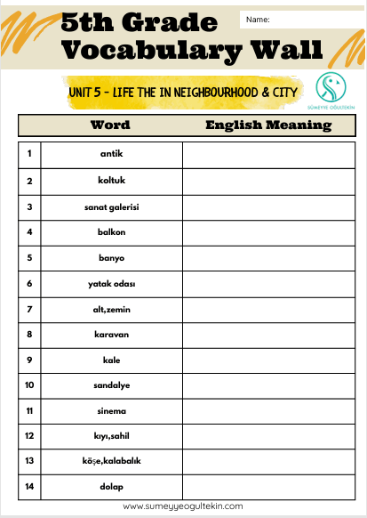 5 th Grade - Unit 5  LIFE THE IN NEIGHBOURHOOD & CITY - VOCABULARY (Turkish - English)